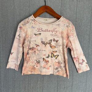 Y2K Cactus 100% Cotton Peach Pink Butterfly Gold Crystal Embelilshed Top Size M
